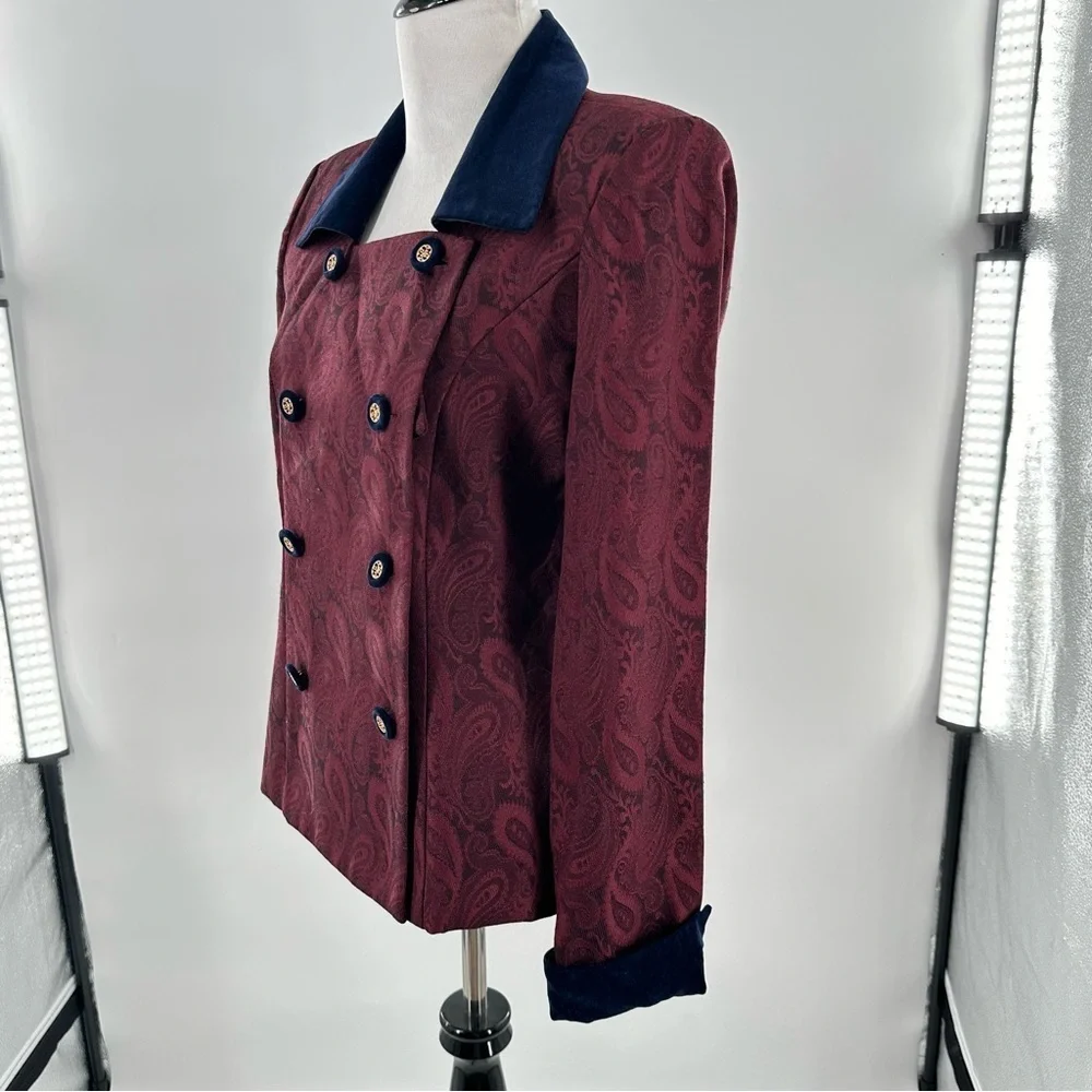 Jessica Howard blazer size 4 burgundy navy velvet paisley double breasted 90s
